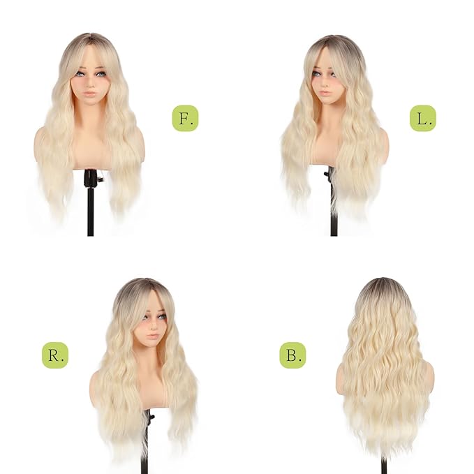 Long Wavy Ombre Blonde Wig with Curtain Bangs for Women 26 Inch Synthetic Wig Natural Looking Heat Resistant Fiber Hair Wig for Daily Party Halloween Cosplay Use