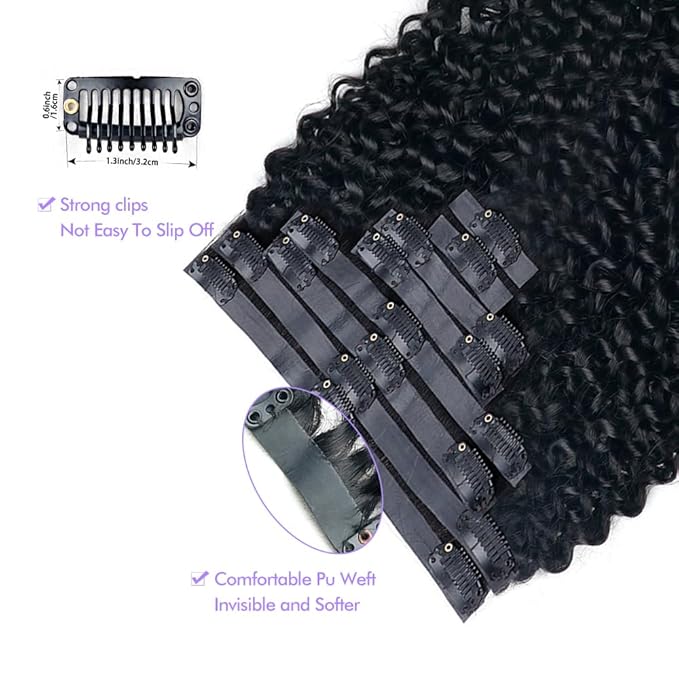 Seamless 3C 4A Kinky Curly Clip In Extension PU Weft Curly Clip in Extension Human Hair Clip Ins Full Head for Black Women Brazilian Remy Human Hair Natural Color 8Pcs with18clips 120g/Set (14 inch)