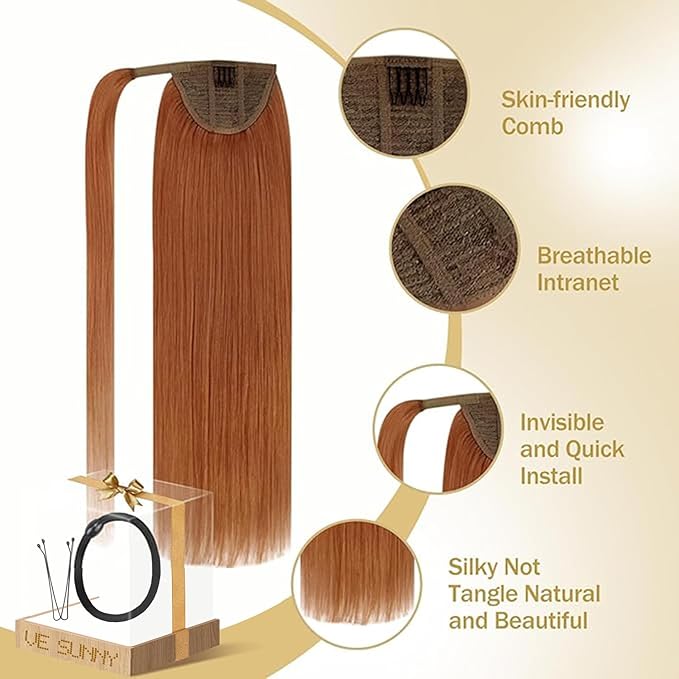 Ve Sunny Hair Extensions Ponytail Real Human Hair Wrap Around Clip in Ponytail Hair Extensions Straight Extensions Human Hair for Women Copper 18inch 80G