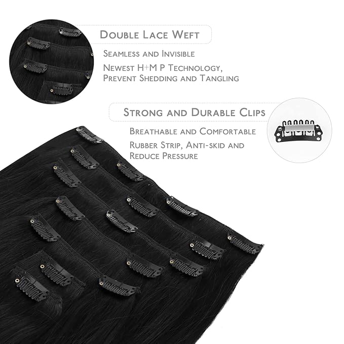 WENNALIFE Clip in Hair Extensions Real Human Hair, 22 Inch 130g 7pcs Remy Hair, Jet Black Straight Natural Extensiones De Cabello Humano Con Clip Ins