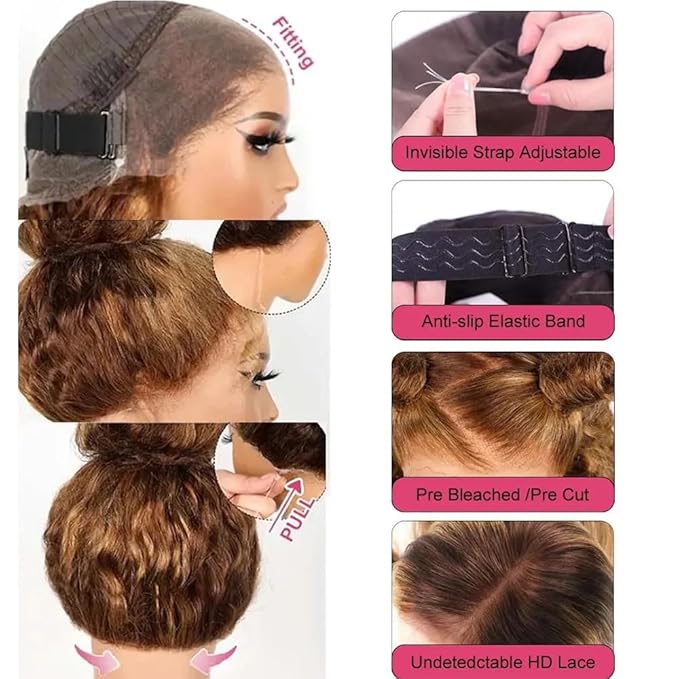 Hidden Strap 360 Deep Wave Lace Front Wigs Human Hair 220% Density Honey Blonde Deep Curly Human Hair wig Ombre Deep Wave 4/27 Highlight Lace Front Wigs Wet And Wavy Water Wave Wig for Women 22 Inch