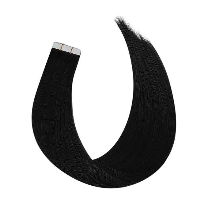Full Shine Black Virgin Tape in Hair Extensions Human Hair Color 1 Jet Black 16 Inch Tape in Double Sided Seamless Hair Extension Invisible Skin Weft Hair 20Pcs 50Gram Add Volume for Thinning Hair