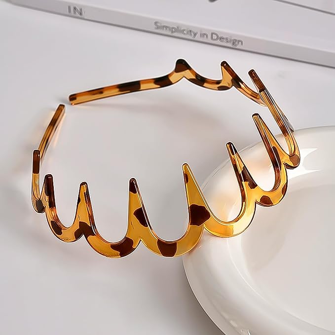6 PCS Zig Zag Headbands Plastic Wavy Hair Head Band Comb with Teeth Hoop Accessories for Women Men Girls, Fashion Tortoiseshell&Amber