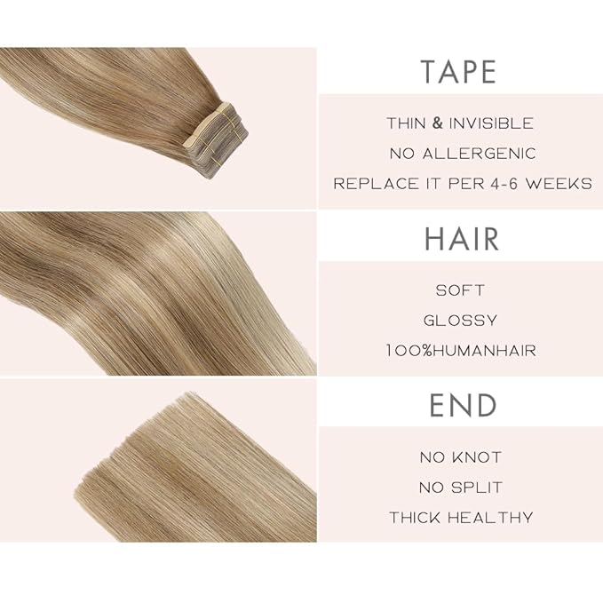 Tape in Hair Extensions Human Hair 20pcs Remy Hair Extensions 18 Inch Balayage Medium Brown Mixed Dark Blonde Invisible Human Hair Tape in Extensions Skin Weft Tape Extensions (10/10/22#,18 Inch)
