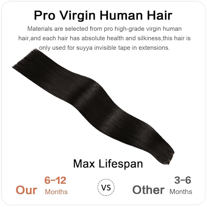 SUYYA Invisible Tape in Hair Extensions Human Hair Natural Black Seamless Injected Hand-Tied Pro Quality Virgin Human Hair 20PCS 40G/Pack Straight Tape Ins(16 inch #1B Off Black)