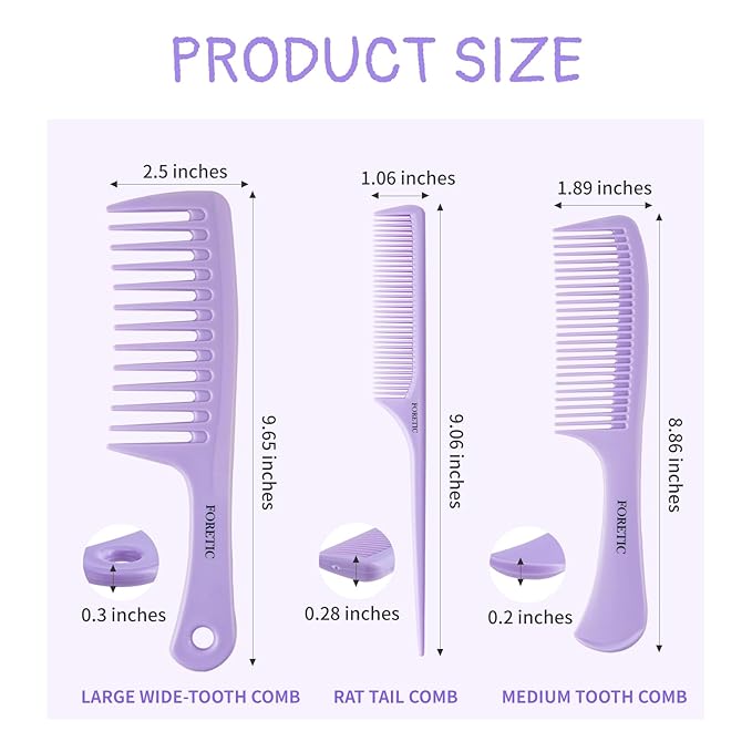 Hair Comb 3-in-1 Plastic Hair Comb Set For Women, Men - Wide Tooth, Rat Tail, and Regular Tooth Detangling Hair Combs for All Hair Types-Purple