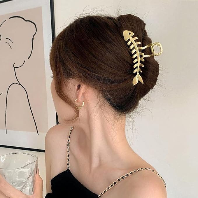 Hair Jaw Claw Clips Fish Bone Shape Large Metal Gold Fashion Nonslip Hairpin Catch Clip Accessories for Thick/Thin Hair HairStyling (Gold)