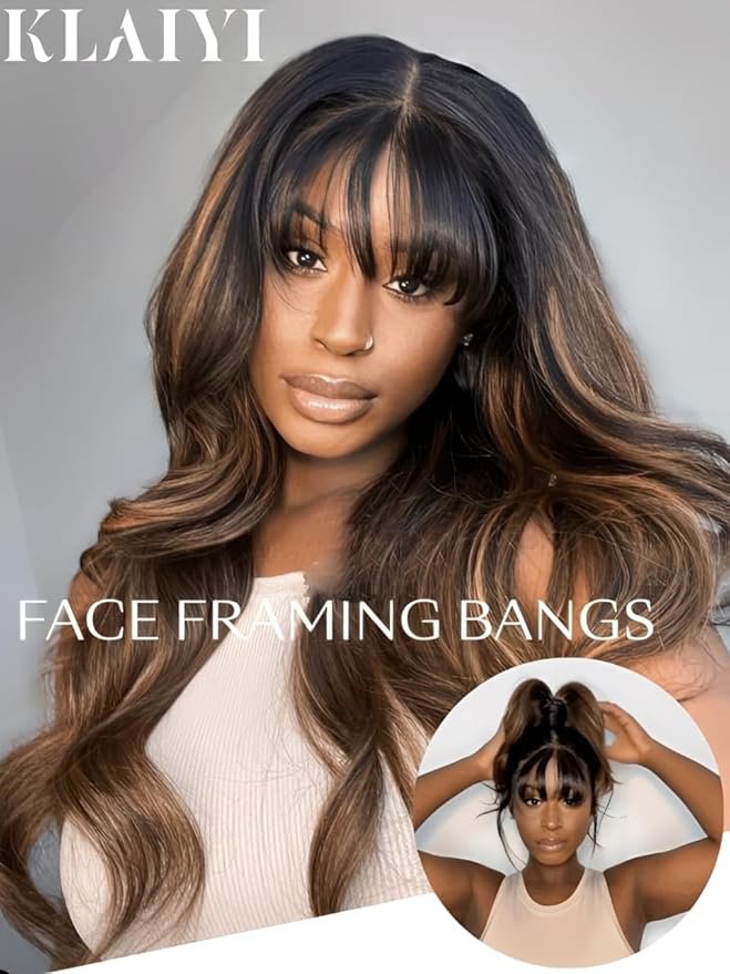 KLAIYI Ombre Brown Loose Body Wave Bye Bye Knots Glueless Precut 7x5 HD Lace Front Human Hair Bang Wig Drawstring Highlight Balayage Brown Pre Plucked Bleached 30S Ready to Wear and Go Wig 180% 22Inch