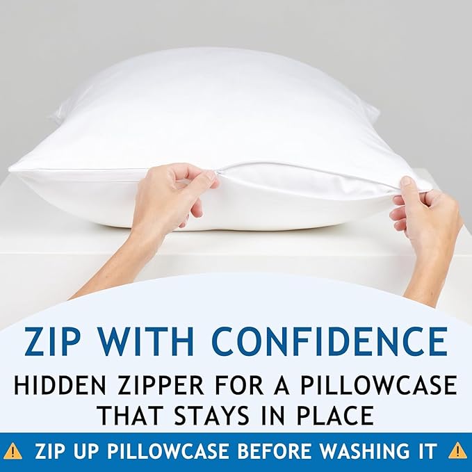 Queen 100% Viscose Bamboo Pillowcase - 2-Pack, Cooling Zipper Pillow Covers for Hot Sleepers, Breathable