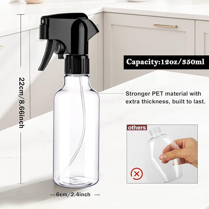Plastic Spray Bottles 12oz Mist Continuous Spraying Bottle Heavy Duty Empty Water Spray Bottles for Hair, Cleaning Solutions, Plants，Essential Oils 1 Pack (Clear-1pcs)