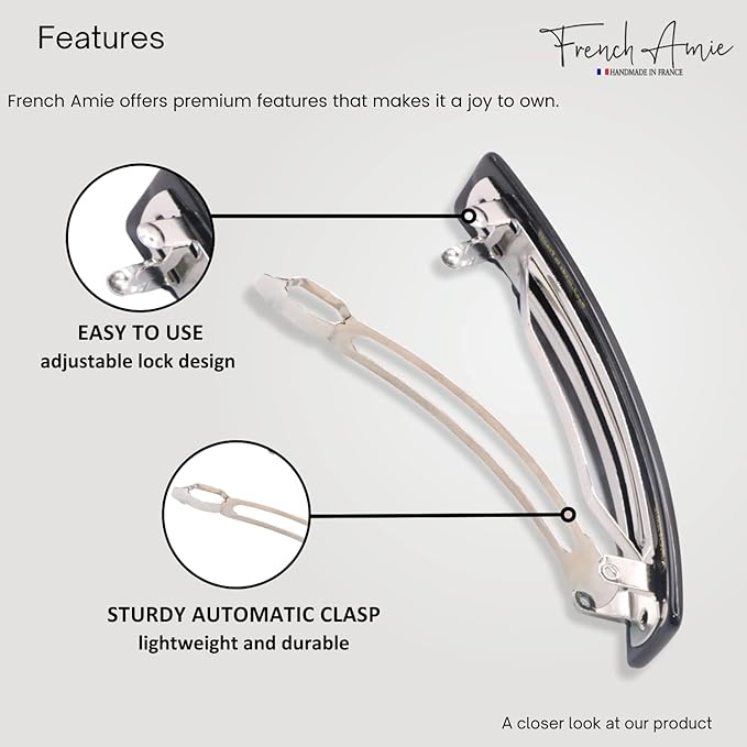 French Amie Oblong Handmade 3.5" Celluloid Hair Barrette Clip Women Hair Accessories, Made in France (Black Finish)