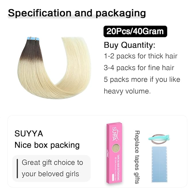 SUYYA Tape in Hair Extensions Human Hair Ombre Darkest Brown to Platinum Blonde 12 Inch 40g/pack 20pcs Straight Seamless Skin Weft Tape in Real Human Hair Extensions(12inch #T2/60)