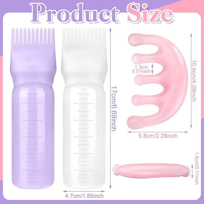 2 Pack Hair Oil Applicator Bottle for Scalp with Massage Comb,6 OZ Hair Oil Bottle with Root Comb for Scalp, Shampoo Scrubber Applicator,Hair Dye Tools(Purple, white)