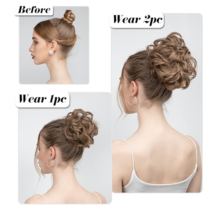 SARLA 2PCS Messy Hair Bun Hair Pieces Wavy Curly Synthetic Updo Fake Scrunchies Ponytail Extension for Women Grey Multi