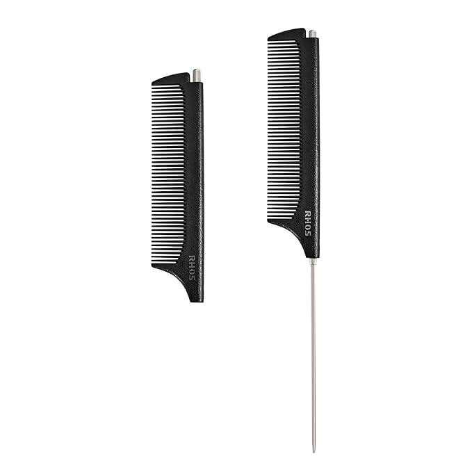 RHOS Carbon Retractable Rat Tail Comb for Parting and Styling, Hair Cutting and Braiding - Stainless Steel Pin Tail Comb, Black