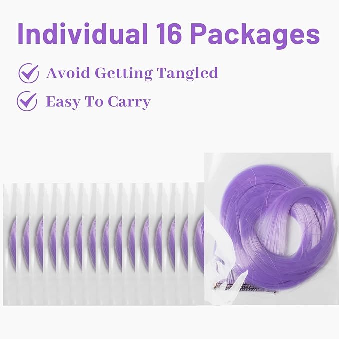 16 Pcs Colored Hair Extensions Curly Wavy Clip in Synthetic Hair Extensions,Colorful Party Highlights Hairpiece Streak for Girls Women Kids Cosplay Party Christmas Gift(Light Purple)