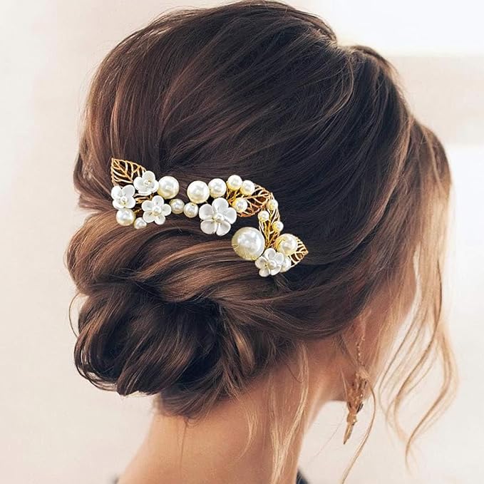 Evild Gold Bridal Hair Pins Pearl Wedding Hair Pieces Leaf Hair Accessories for Women (Pack of 3)