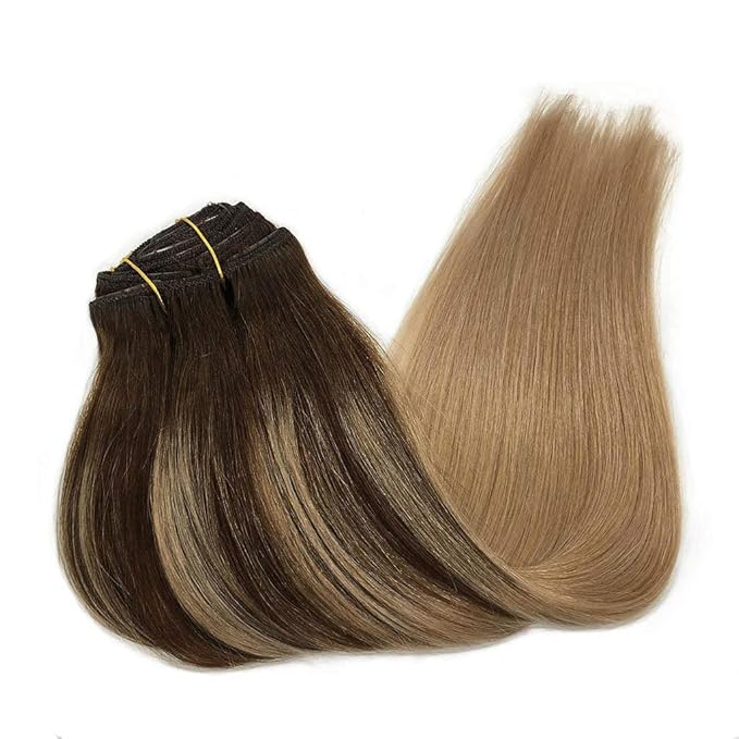 GOO GOO Clip in Hair Extensions Real Human Hair, Remy Human Hair Extensions Clip ins for Women, Natural Human Hair, 14inch 120g 7Pcs, 4/18 Balayage Chocolate Brown Highlighted Dirty Blonde