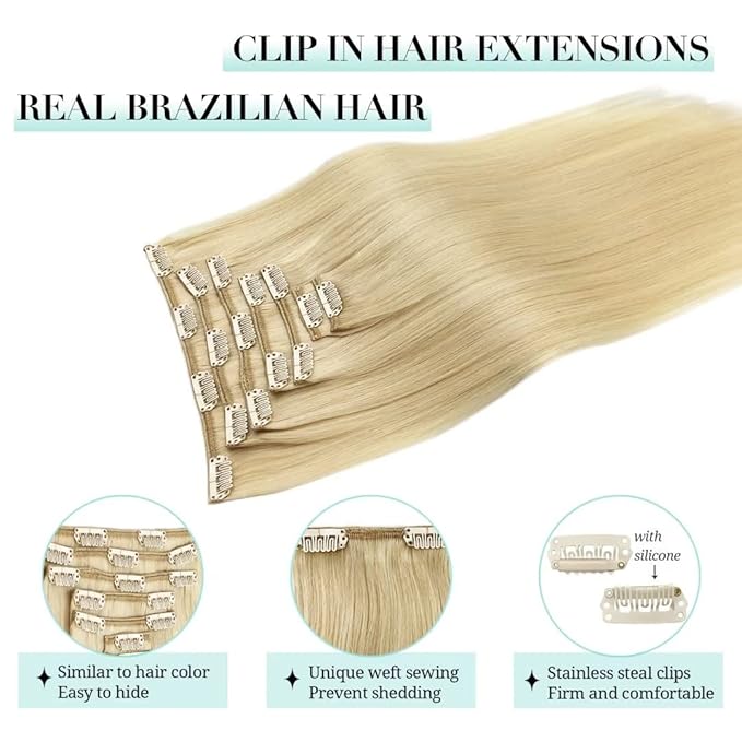 DOORES Clip in Hair Extensions Bleach Blonde 100g 7pcs 14 Inch Real Human Hair Extensions Straight Natural Remy Weft