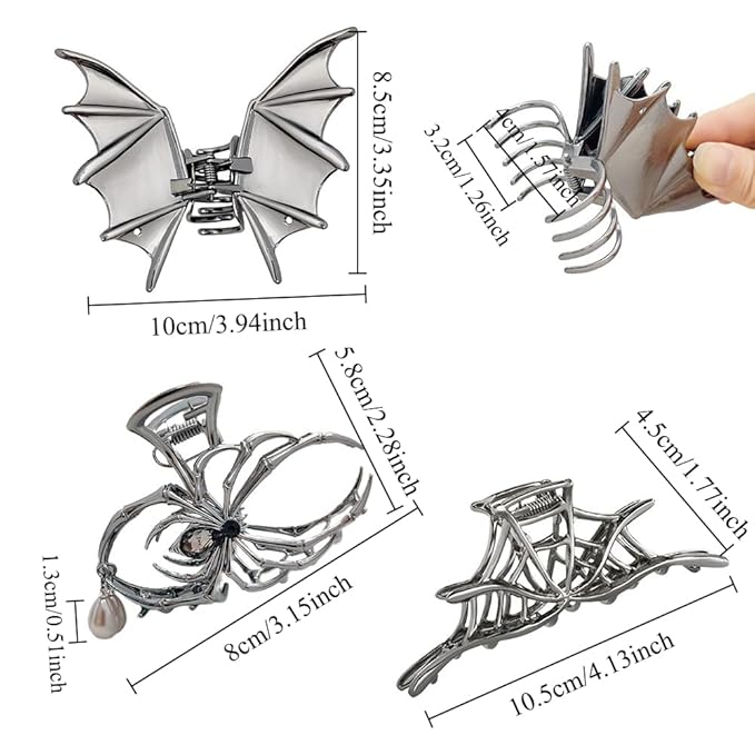 Halloween 3PCS Spider Net Bat Hair Claw Clips Hair Styling Accessories for Women Girls, Gothic Black Metal with Pearl Spooky Large Medium Size Catch Clips for thick Hair Holiday Gifts(Black Gun)