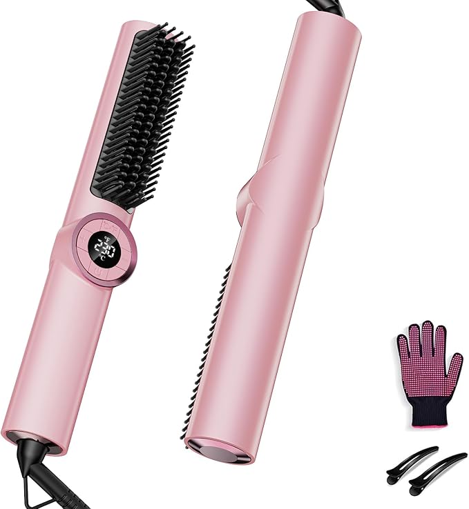 Hair Straightener Brush for Women: Negative Ionic 3-in-1 Curling & Straightening Brush, Ceramic Hot Comb with 15 Temps for Hair Styling, Pink