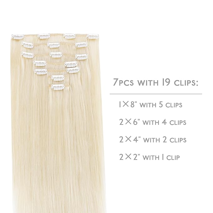 WENNALIFE Clip in Hair Extensions Real Human Hair, 18 Inch 120g 7pcs Platinum Blonde Hair Extensions Clip in Human Hair Remy Clip in Hair Extensions Real Human Hair Double Weft
