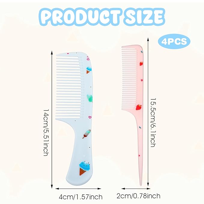 4Pcs Toddler Comb Set, Small Cute Fine Tooth Comb & Rat Tail Comb for Kids Styling, Mini Hair Comb Plastic Parting Combs, Anti-Static Hairdressing Comb for Baby Girl Wet Dry Hair (Pink Blue)