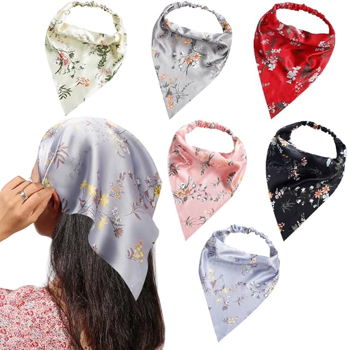 6 Pack Hair Scarf Headband for Women Elastic Bandana Head Scarf Large Boho Triangle Kerchief with Clips Non Slip Scarves