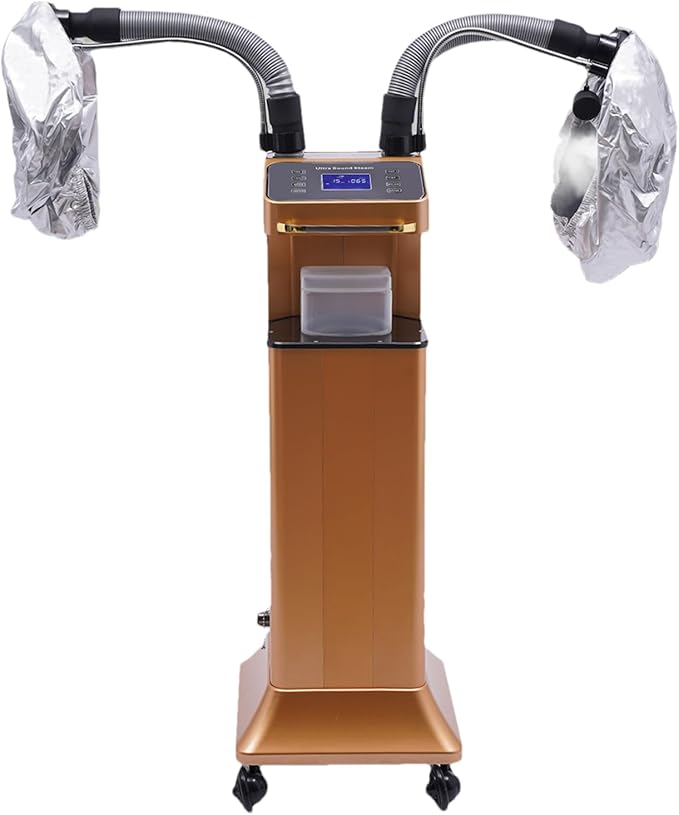 Multifunctional Hair Steamer Cold Mist Ozone Oil Treatment Dyeing Machine with 2 Steam Caps Standing Hooded Hair Care Processor with Wheels 2 Telescopic Tubes Time/Temp Control for Barbershops Salons