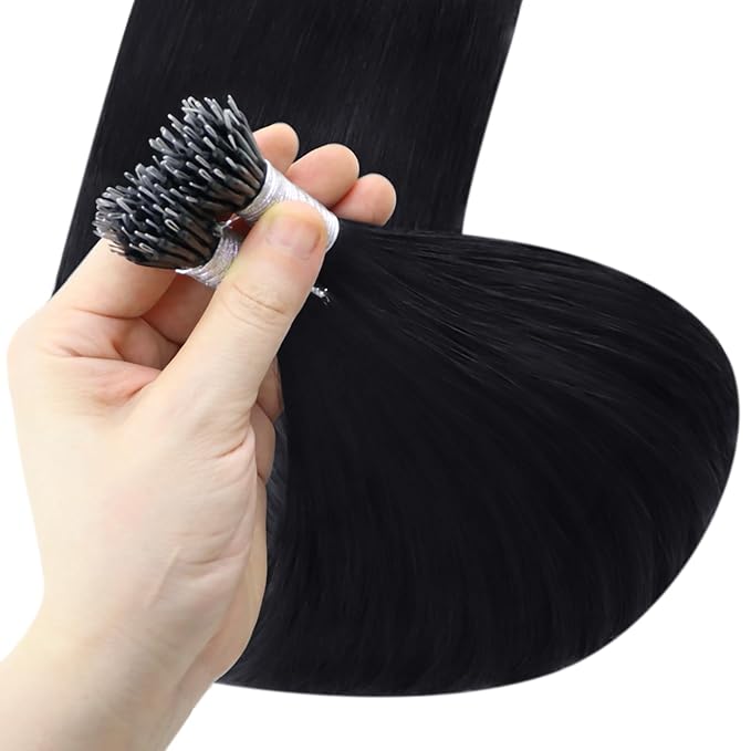 YoungSee Nano Beads Hair Extensions Human Hair Black Nano Ring Hair Extensions Jet Black Nano-Tip Hair Extension Pre Bonded Nano-Loop Human Hair Extension 22inch 1g Nanolink Hair Extension 1g/s 50g