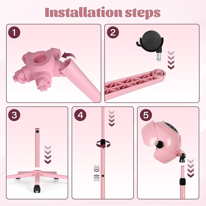 Professional Hooded Hair Dryer Pink,Stand Hair Dryer Bonnet with 3 Temperature Settings,Height Adjustable Sit Under Dryer on Wheels