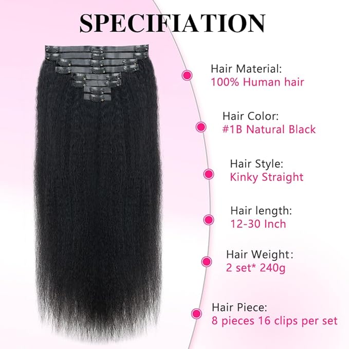 Invisi Edge Clip In Hair Extensions Human Hair 2 Pack 240g 16pcs Kinky Straight Invisible Clip Ins For Women Full Head Injected Clip Ins Remy Human Hair Extensions Natural Color 16inch