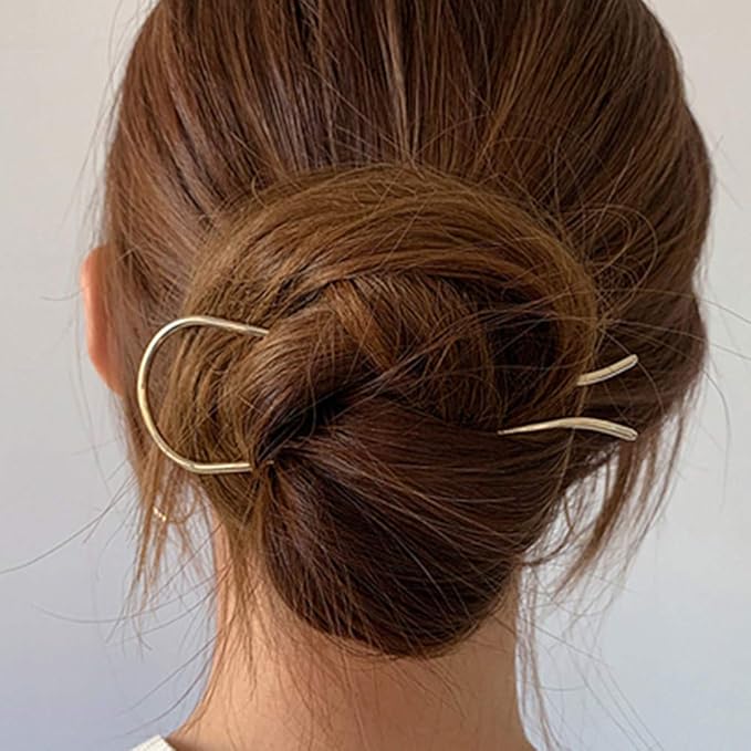 Metal Hair Fork 4.6 inch Simple U Shape Updo Hair Sticks Alloy Gold-plated 2 Prong Bun Hair Pins Clips Grips for Women Thick Hair Styling Tool Accessories, 3 Pack