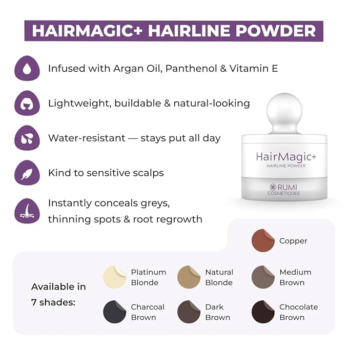 Rumi Cosmetiques HairMagic+ Root Touch Up Powder – Instant Gray Hair Coverage & Hairline Filler – Water-Resistant, Natural Finish, Nourishing Formula with Argan Oil & Vitamin E (Medium Brown)