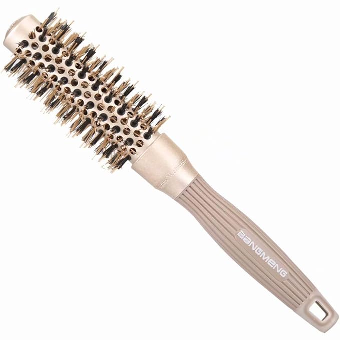 Round Brush with Boar Bristles, 1 inch Barrel, Nano Thermal Ceramic Ionic Tech for Straightening and Blow Drying, Gold