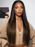 YIROO Bye Bye Knots Chestnut Brown Ombre Light Yaki Straight Wig Human Hair,7x5 Lace Front Glueless Wig with Drawstring,Pre Cut Pre Plucked Pre Bleached Knots Natural Hairline Wig for Women 22Inch