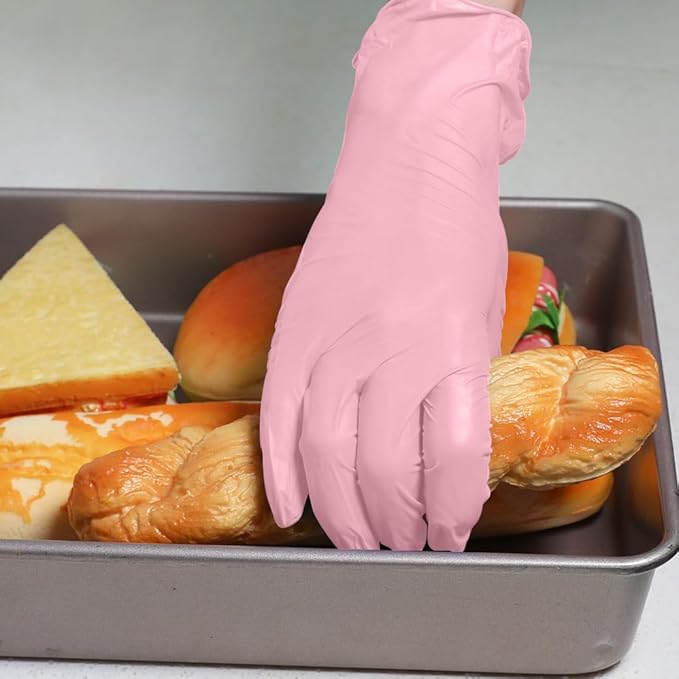 Disposable Gloves Medium, Nitrile and Vinyl Blend Material Gloves, Latex Free, 4 Mil 100 Pc Food Grade Glove for Cleaning, Food Prep, Hair Dye, Tattoo, Pink