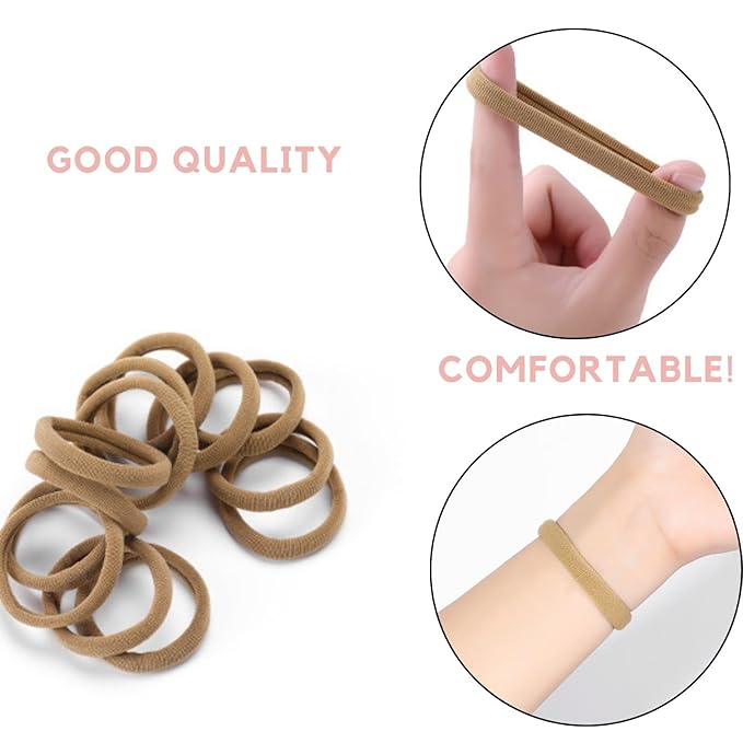 60 Pcs 2 Inch Light Brown No Damage Hair Ties for Women Thick Hair, Large Soft Seamless Nylon Fabric Elastic Hair Ties Ponytail Hair Holders Hair Elastics Hair Band for Women