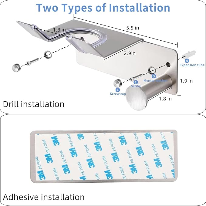 Hair Dryer Holder, Dyson Hair Dryer Holder, Blow Dryer Holder with Cord Hook SUS304 Stainless Steel Wall Mount, Self Adhesive/Screw Space Saving Hairdryer Holder for Bathroom Silver Ptalseaw