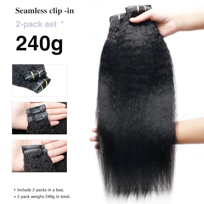 Kinky Straight Clip in Hair Extensions Real Human Hair 2 Pack 240g Seamless Clip in Hair Extensions for Women Full Max with 16Pcs PU Skin Weft 16inch Natural Black