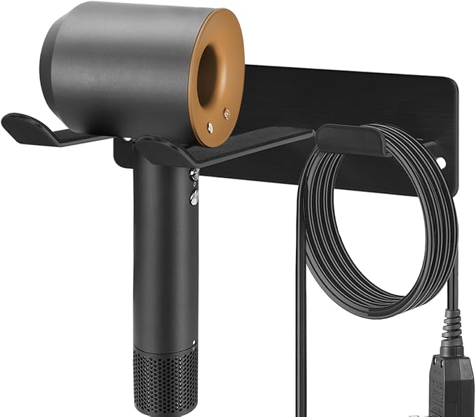 Hair Dryer Holder Wall Mounted 18/8 Stainless Steel Hair Dryer Blow Diffuser Rack Compatible with Dyson Hair Dryer, Space Organizer for Bathroom/Bedroom/Washroom/Barbershop, Self Adhesive(Black)