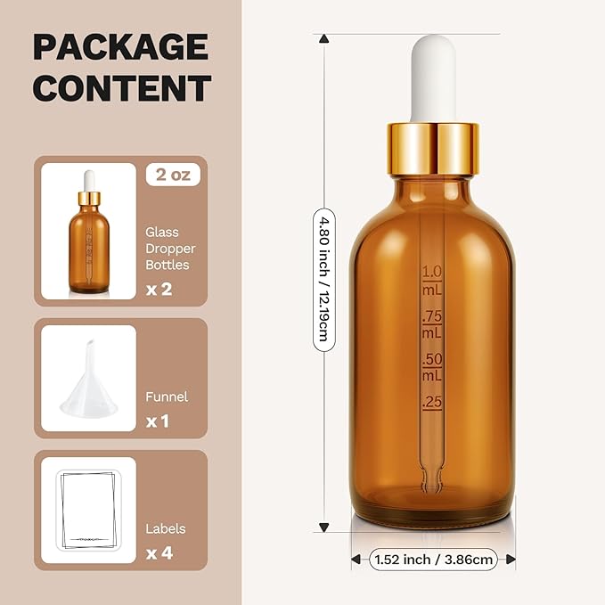 Bumobum Dropper Bottle 2 oz, 2 pack Amber Glass Eye Dropper Bottles with Golden Cap, Labels and Funnel, Tincture Bottle with Measured Cosmetic Dropper - Leakproof Essential Oils Bottles