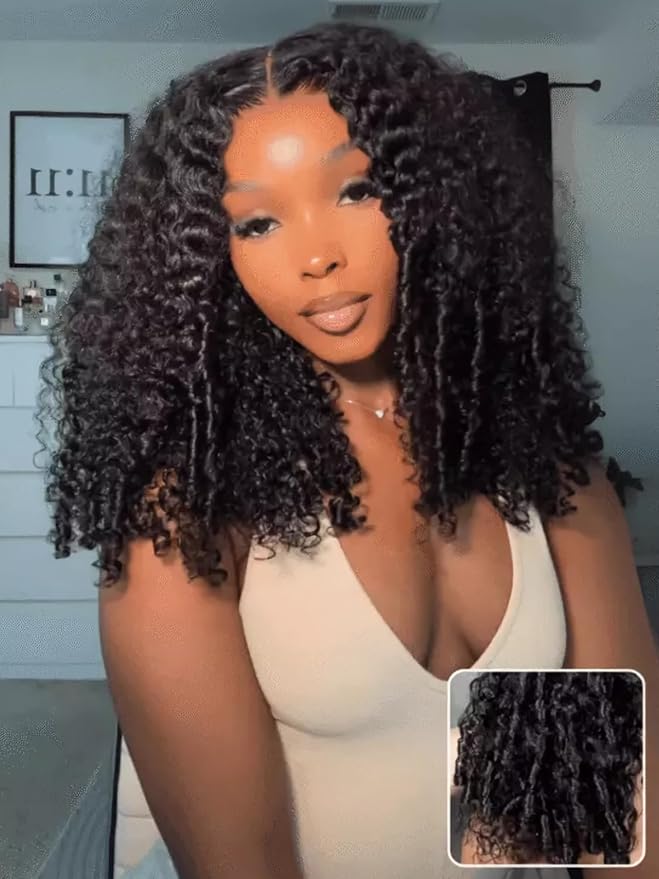 Julia Hair 7x5 Lace Water Curly Texture Wig With Finger Coil Ends Glueless Wigs Human Hair Put On and Go Invisible Lace Pre Plucked Pre Cut Bleached Knots Natural Hairline 16 Inch
