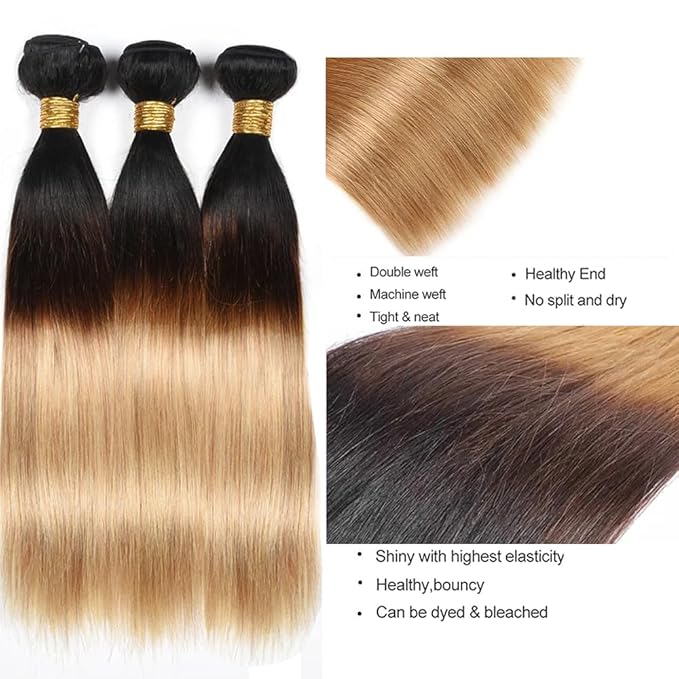 Ombre Bundles Human Hair Brown Straight Bundle Brazilian Virgin Remy Hair 3 Bundles 24 26 28 Inch Niegmeag Double Weft 3 Tone Brown and Honey Blonde Straight Bundle Hair Weave 300g