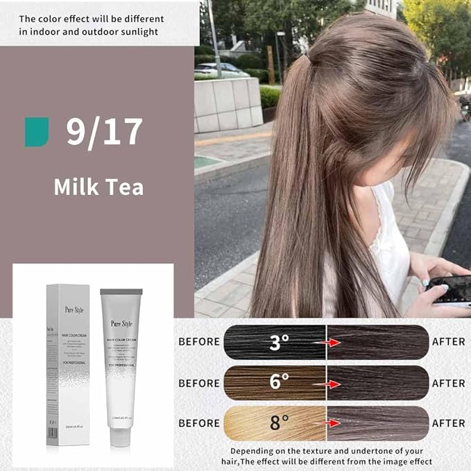 PureStyle 100ml Professional Permanent Hair Color Dye Cream Ammonia Free, Long Lasting Warm Ash Brown Milk Tea Color, 100% Gray Coverage, Natural Shine, For All Hair Types Easy At Home Application