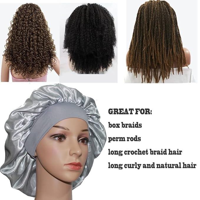 VEYRNEIC Hair Satin Bonnet for Sleeping Shower Caps Silk Chemo Caps with Wide Elastic Band Night Sleep Cap Bonnets for Black Women Braids with Satin Storage Bag (Silver)