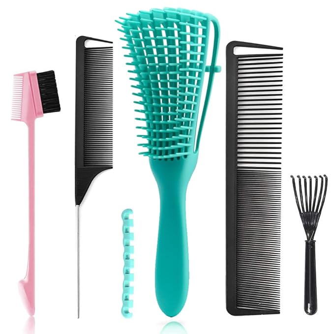 5 Pcs Detangling Hair Brush Set, Ez Detangler Brush With Edge Brush, Rat Tail Combs for Black Natural Hair Styling and Cuting, Curly/Straight/Wet/Dry/long/Short Hair Available for Women Kids Men
