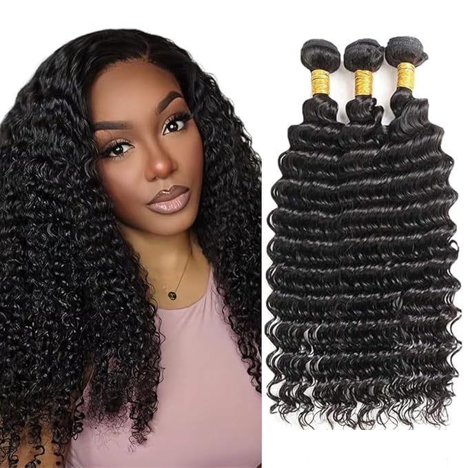 Deep Wave Bundles Human Hair Natural Black Bundles 12 14 16 Inch Niegmeag Brazilian Virgin Soft and Silky Remy Hair Extensions Color 1B Deep Wave Bundle