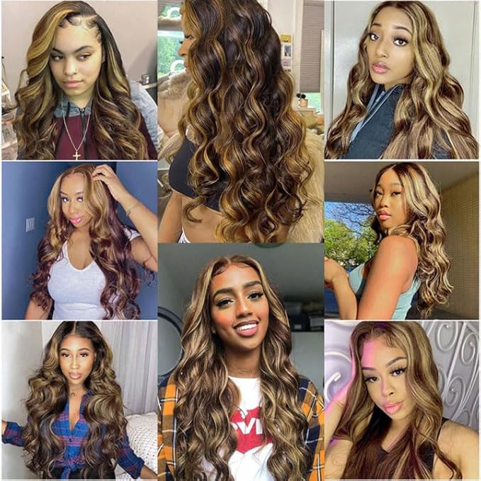 30 Inch Highlight Bundles Human Hair Blonde Body Wave Bundles Niegmeag Virgin Soft and Skily Remy Hair Extensions Double Weft 2 Tone Black and Honey Blonde Bundle