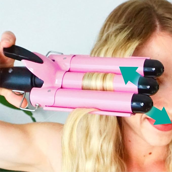 TOP4EVER 3 Barrel Curling Iron, 1 inch Crimper Hair Tool,Crimping Waver for Women Beach Waves with Two Temperature Settings, Pink